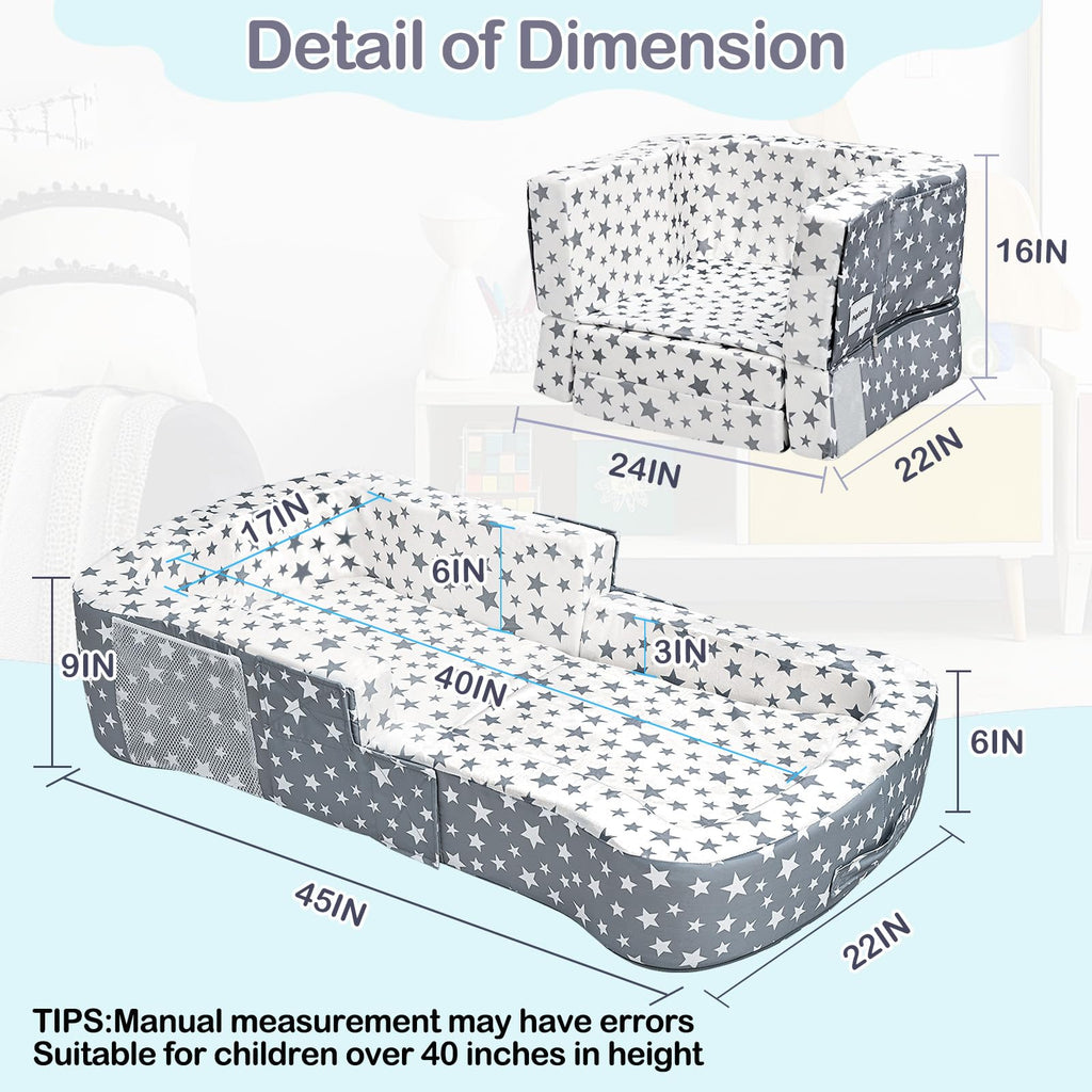 Toddler Travel Bed, Portable Toddler Bed & Chair 2-in-1 - Convertible Travel Crib with Storage Pockets