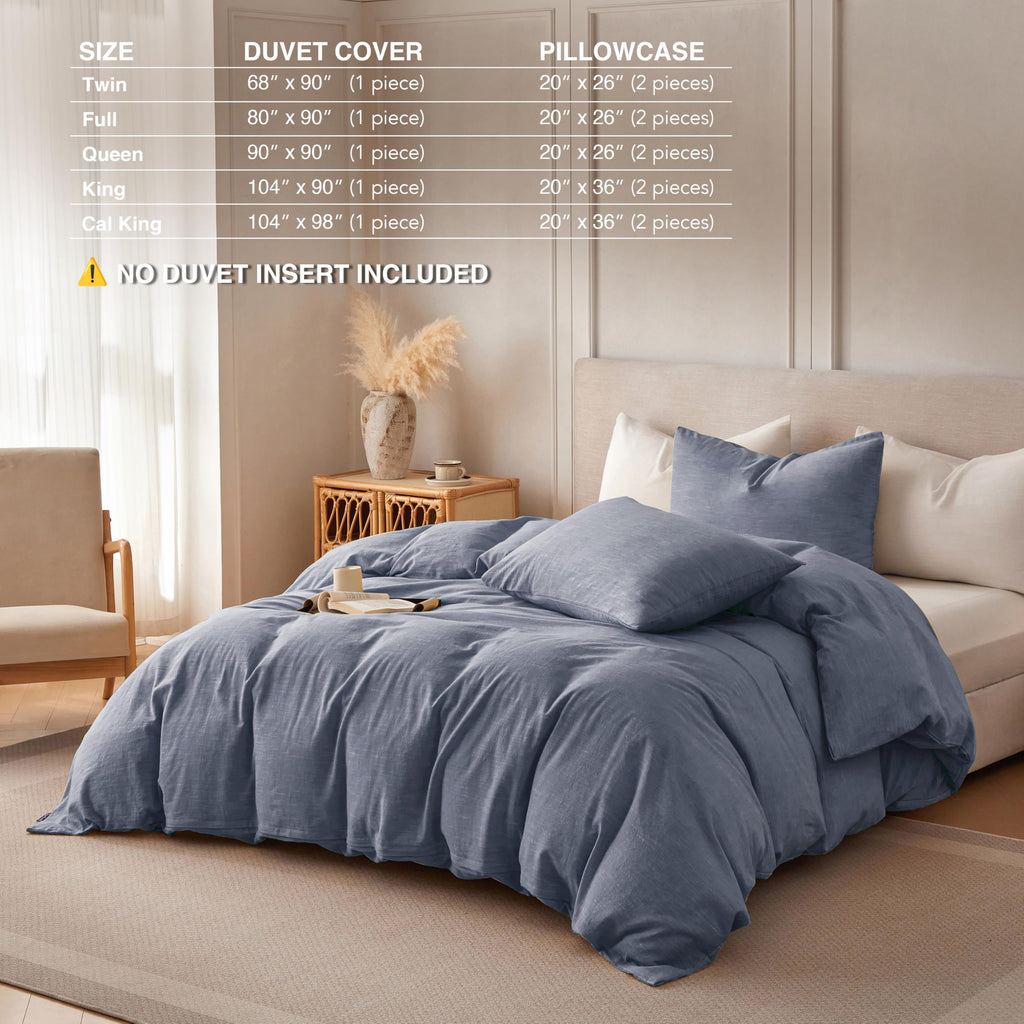 Linen Duvet Cover - Soft Breathable Cotton Linen Blend, 3-Pieces Bedding Set with 2 Pillowcases