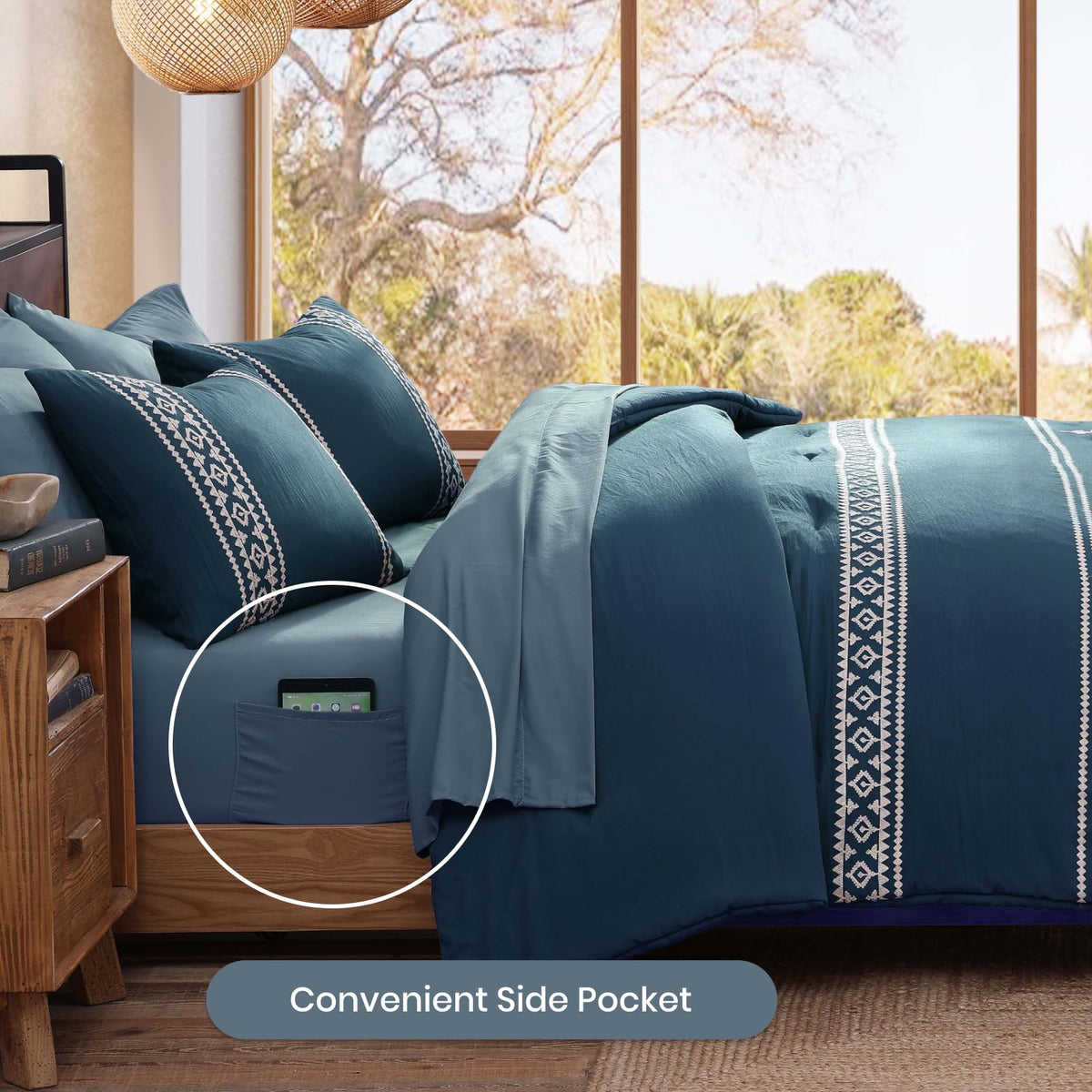 Embroidery Comforter Set 7 Pieces Navy Blue Bed in a Bag