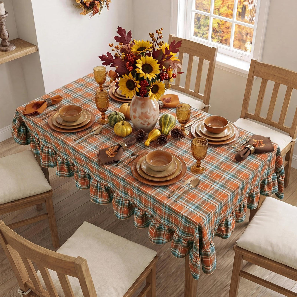 Thanksgiving Plaid Ruffled Tablecloth Rectangle 60x120 Inch Rust