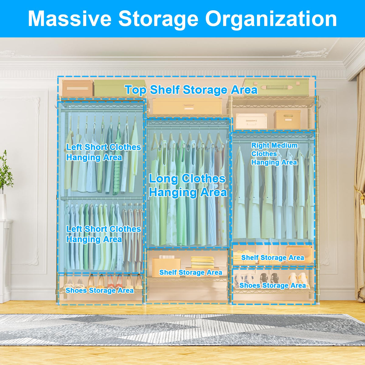 E13 Heavy Duty Clothes Rack(With 4 Hanger Rods & 8 Shelves) Freestanding Clothing Racks for Hanging