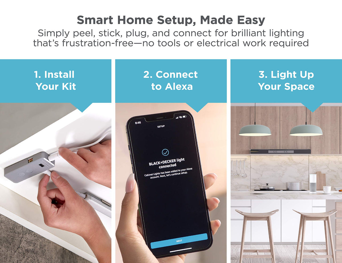 BLACK+DECKER Works with Alexa Smart Under Cabinet Lighting Kit, Adjustable LEDs, (3) 9" Bars White