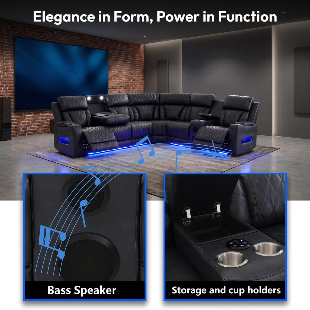 Breathable Leather Power Recliner Sectional Sofa, Bass Speakers, Cup Holder & Storage Console Home Theater