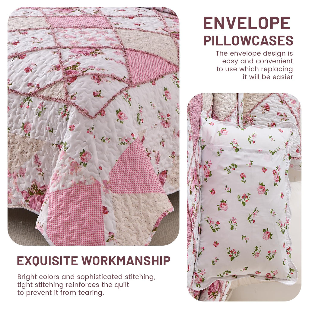 Pink Quilt Bedding Set, Floral Patchwork Reversible Quilts