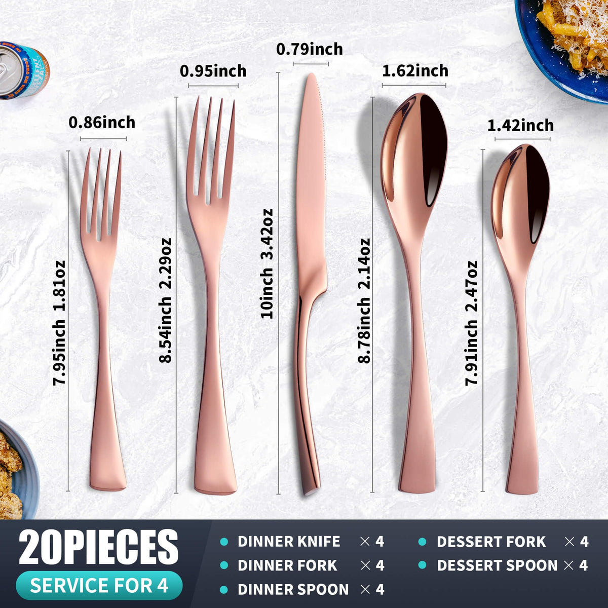 20 Pieces Rose gold Silverware Set Service for 4,Modern 18/10 Stainless Steel Flatware Cutlery Set,Utensil Set