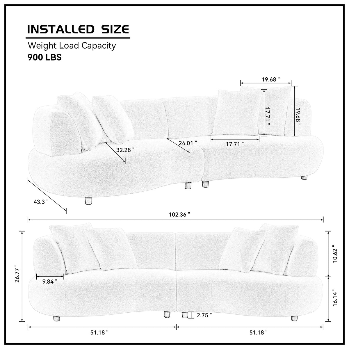 Curved Sectional Sofa, 102.36", 4-Seater, Boucle Fabric, Modern, Cream
