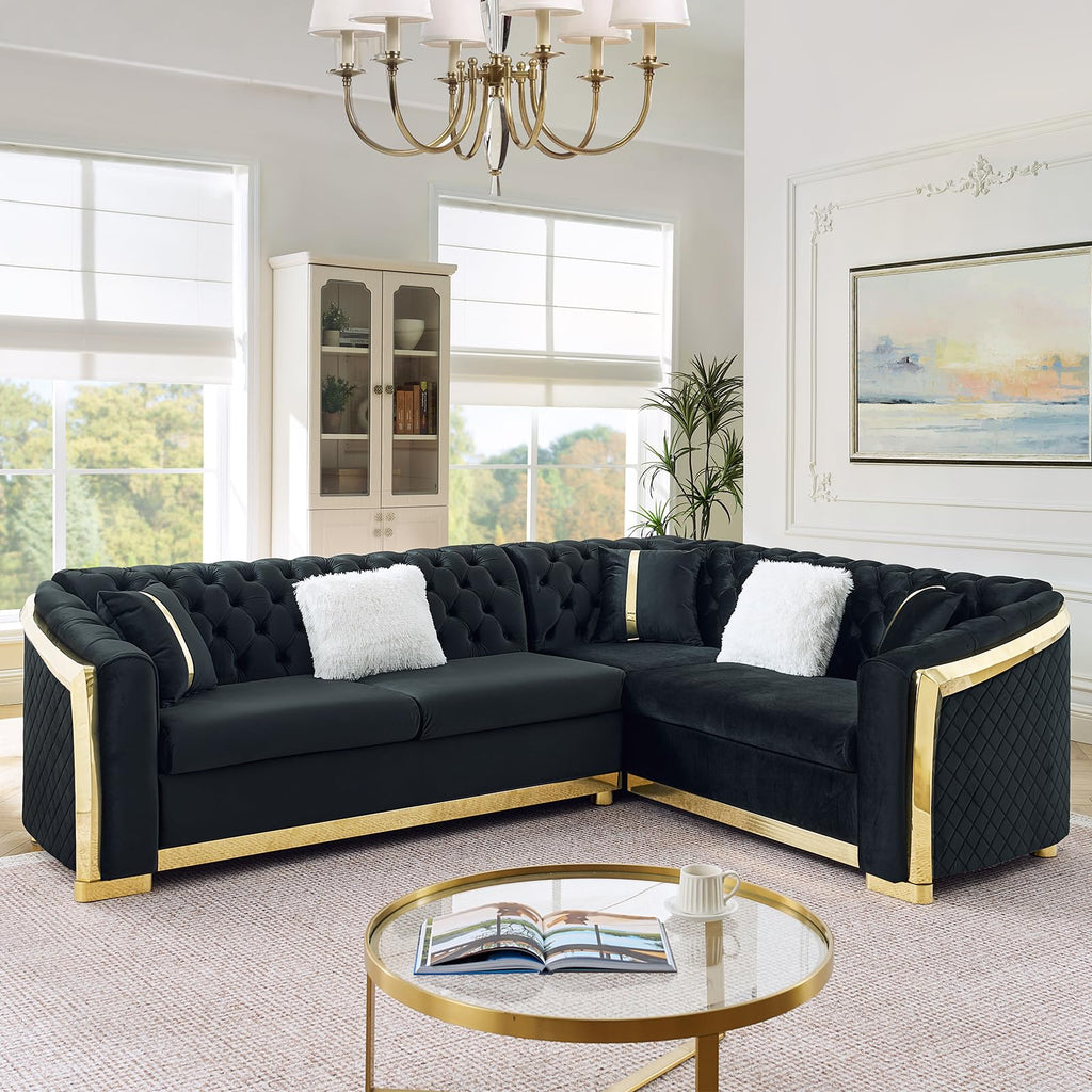 106" Oversize Button Tufted Chesterfield Sectional Sofa Set, Velvet L-Shaped Luxury Couches with Gold Stainless Steel