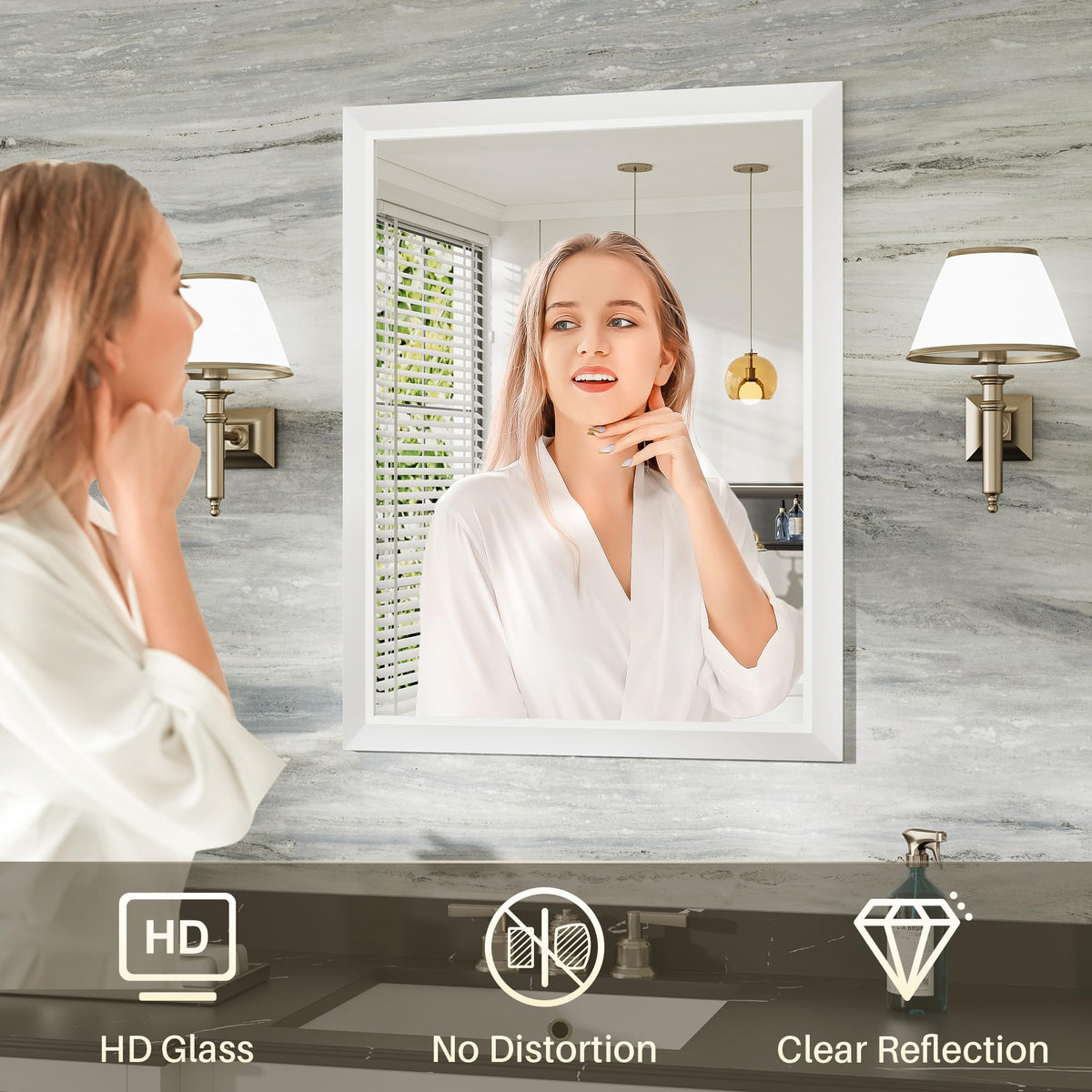 Bathroom Wall Mirror, White Metal Frame, 48x30 Inch