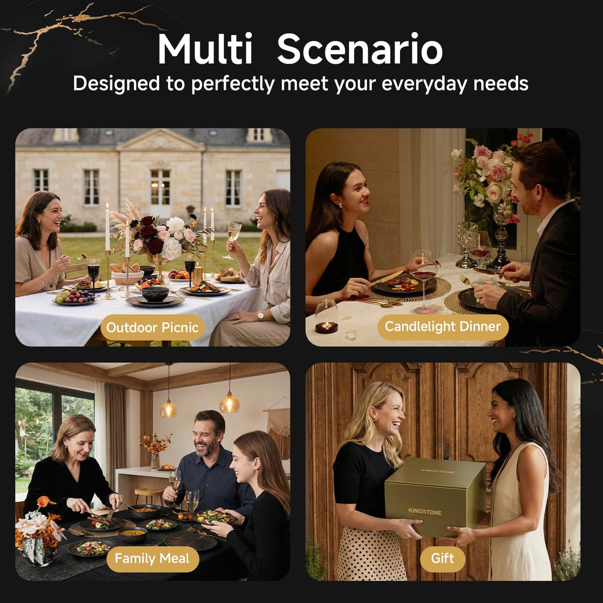 18-Piece Matte Crackle Dinnerware Sets, Black and Gold