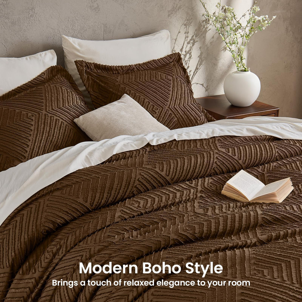 XL Comforter Set 5-Piece, Boho Tufted Bed in a Bag, Brown