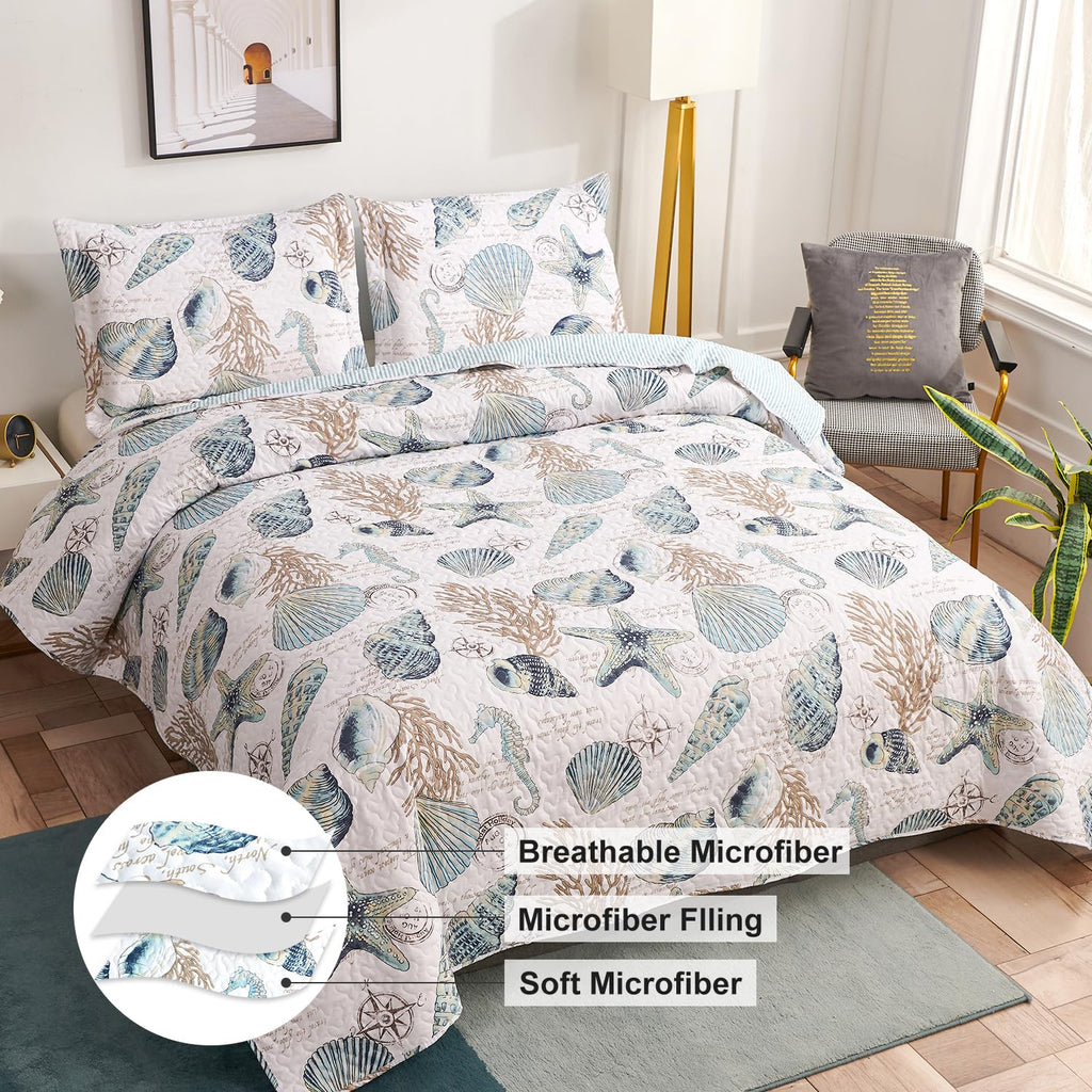 Coastal Quilt Set Beach Themed Bedding Summer Quilts Set Lightweight Reversible Bedspread Coverlets
