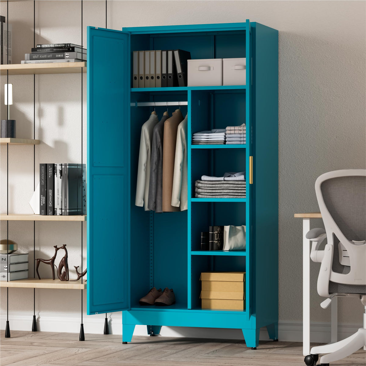 71" Tall Metal Wardrobe Closet with Adjustable Shelves and Hanging Rod, 2 Doors Office Storage Locker Cabinet