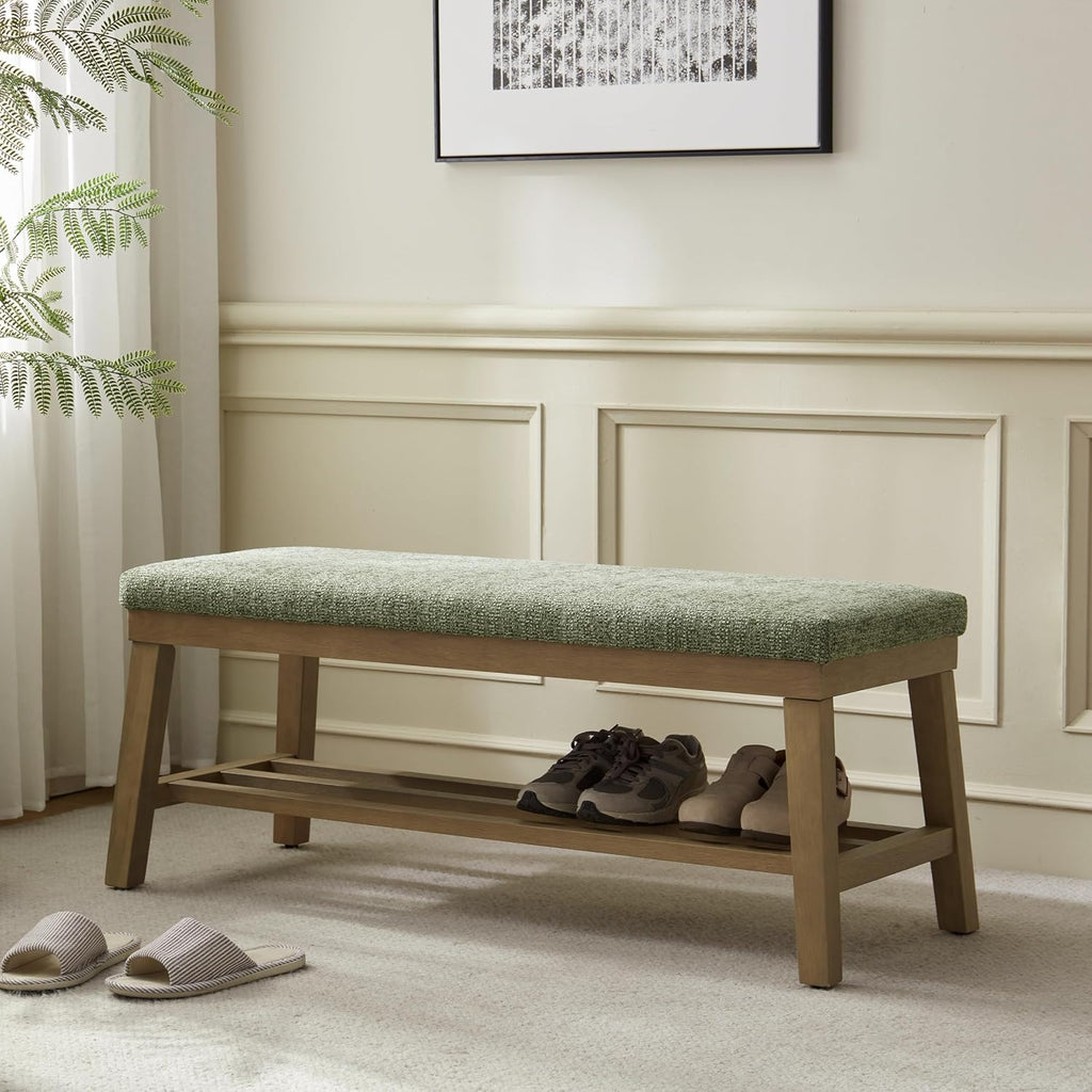 Entryway Bench, Storage Shoe Bench with Rubberwood Legs, Green | Shoe Rack Bench with Cushion, Soft Chenille Fabric
