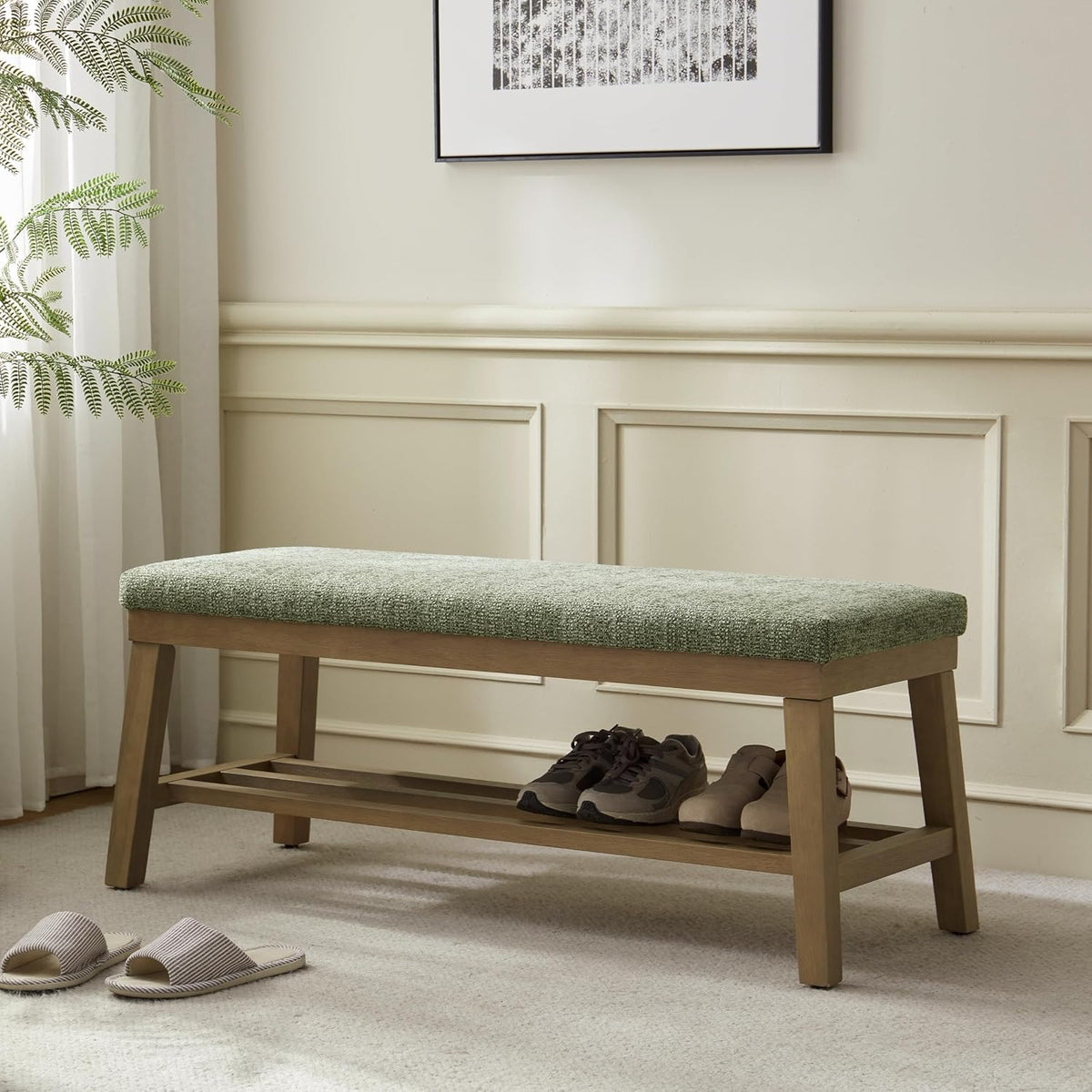 Entryway Bench, Storage Shoe Bench with Rubberwood Legs, Green | Shoe Rack Bench with Cushion, Soft Chenille Fabric