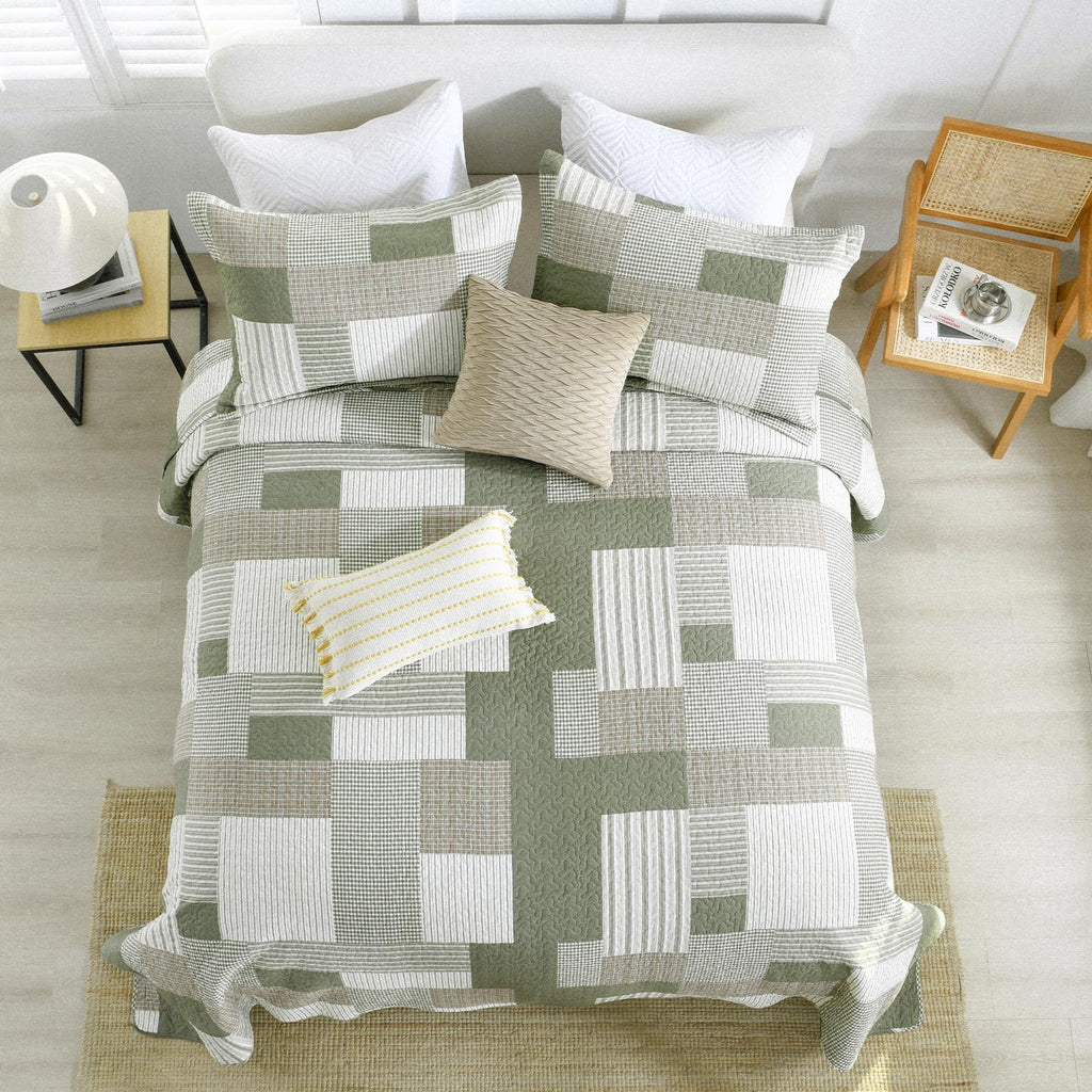 Plaid Quilt Set, Patchwork Light Green Quilt Bedding Set, 100% Cotton Bedspreads, Farmhouse Rustic
