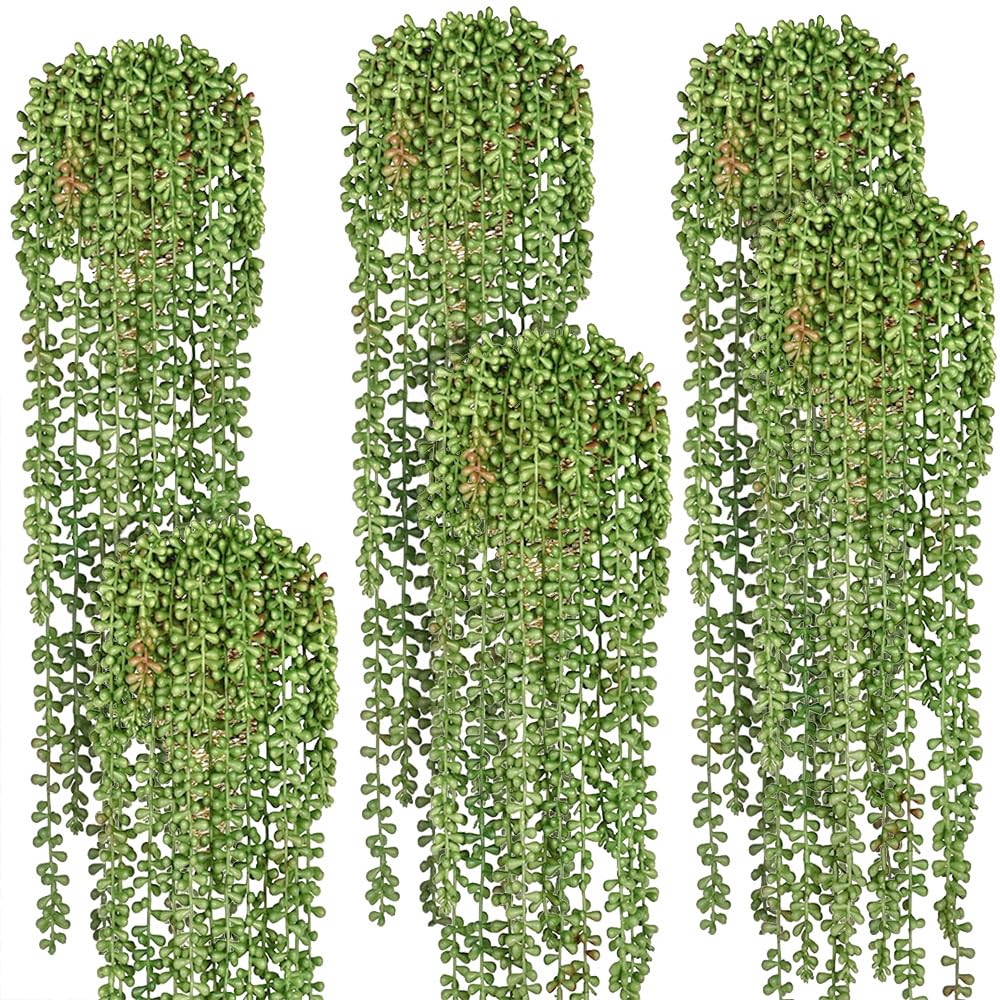 6pcsString of Pearls Plant Artificial Faux Hanging Succulents Hanging Greenery for Outdoor (6, Green)