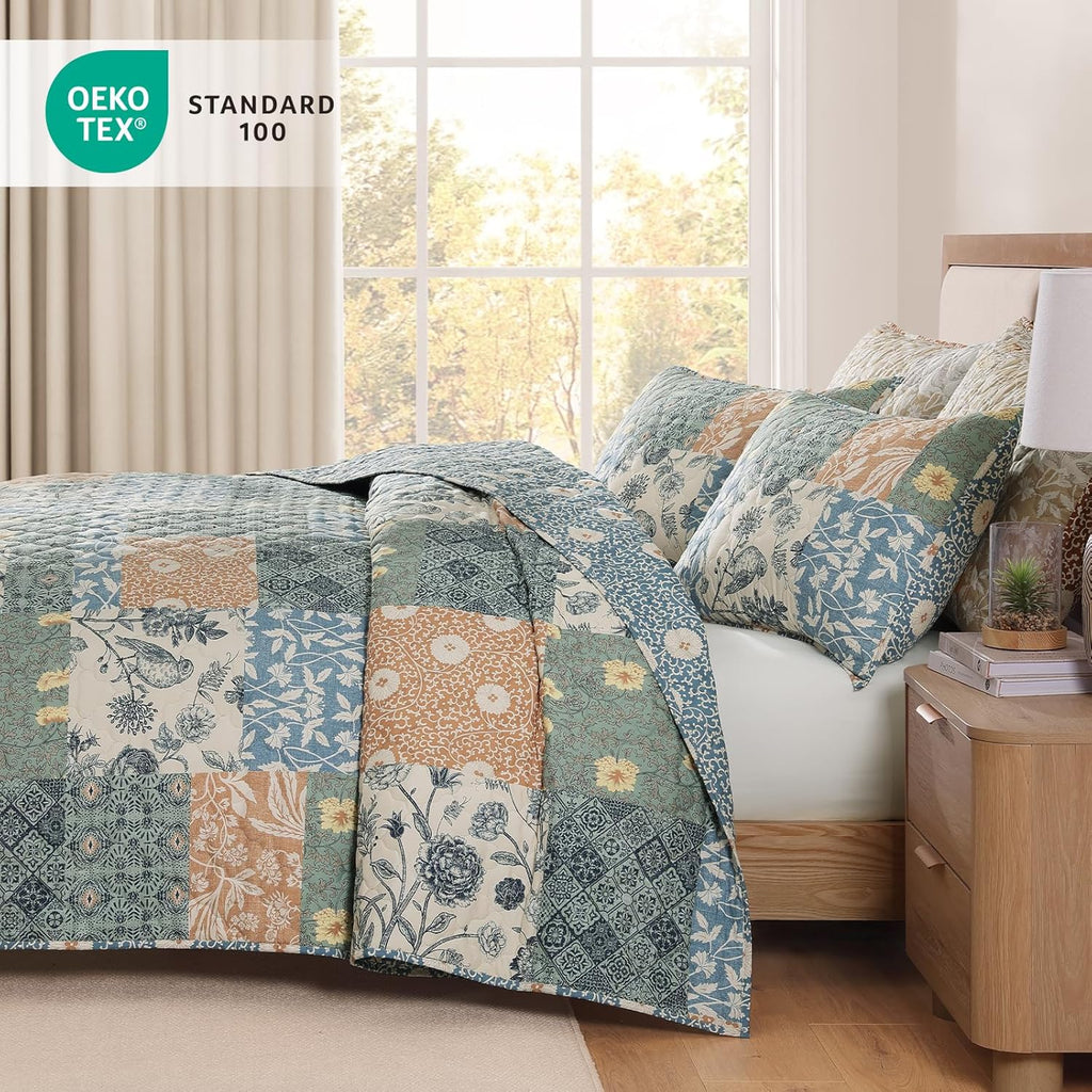 Quilt Set - 3 Pieces Patchwork Green Quilt Bedding Set, Lightweight Bedspread Coverlet, Reversible Floral