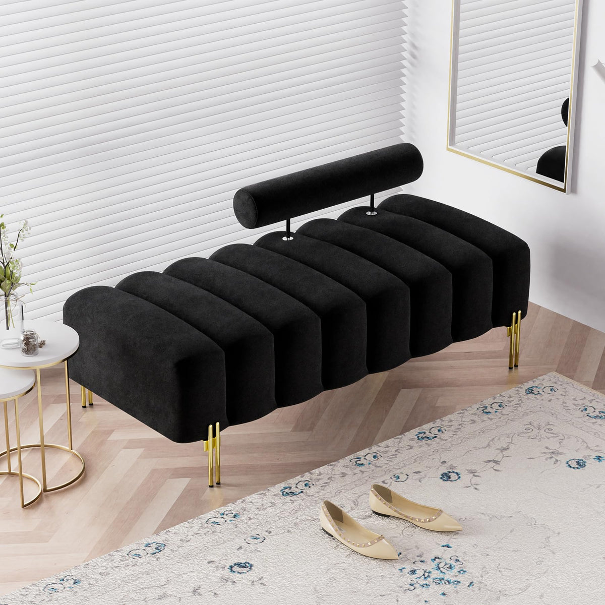 52" Velvet Bench Bedroom Ottoman Bench with Adjustable Back, Black