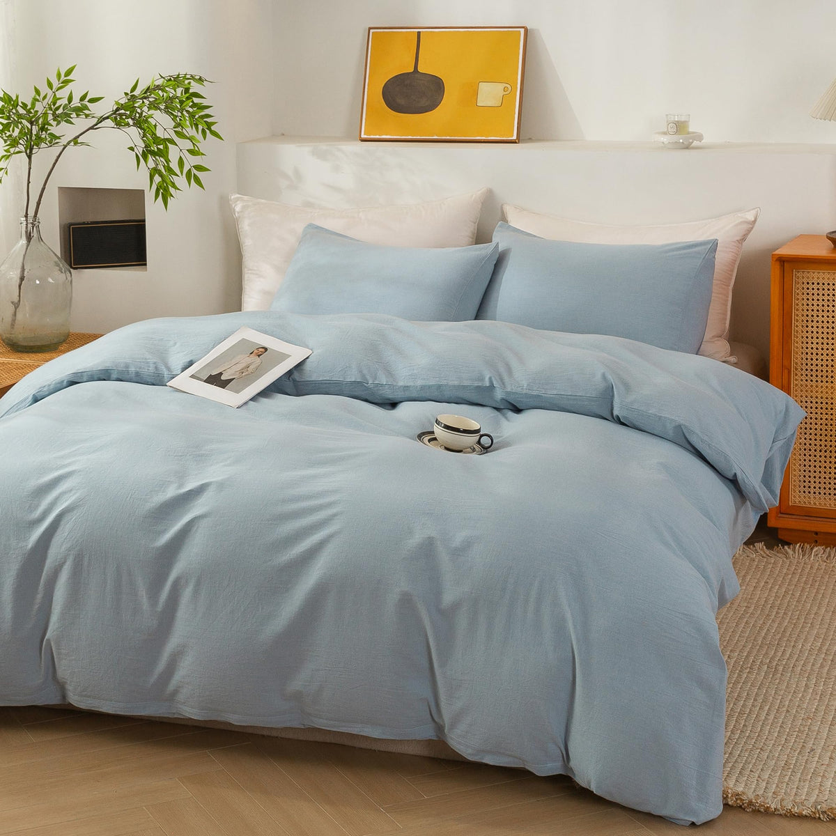 Cotton 3 Pcs Duvet Cover Set Linen Feel Haze Blue Queen