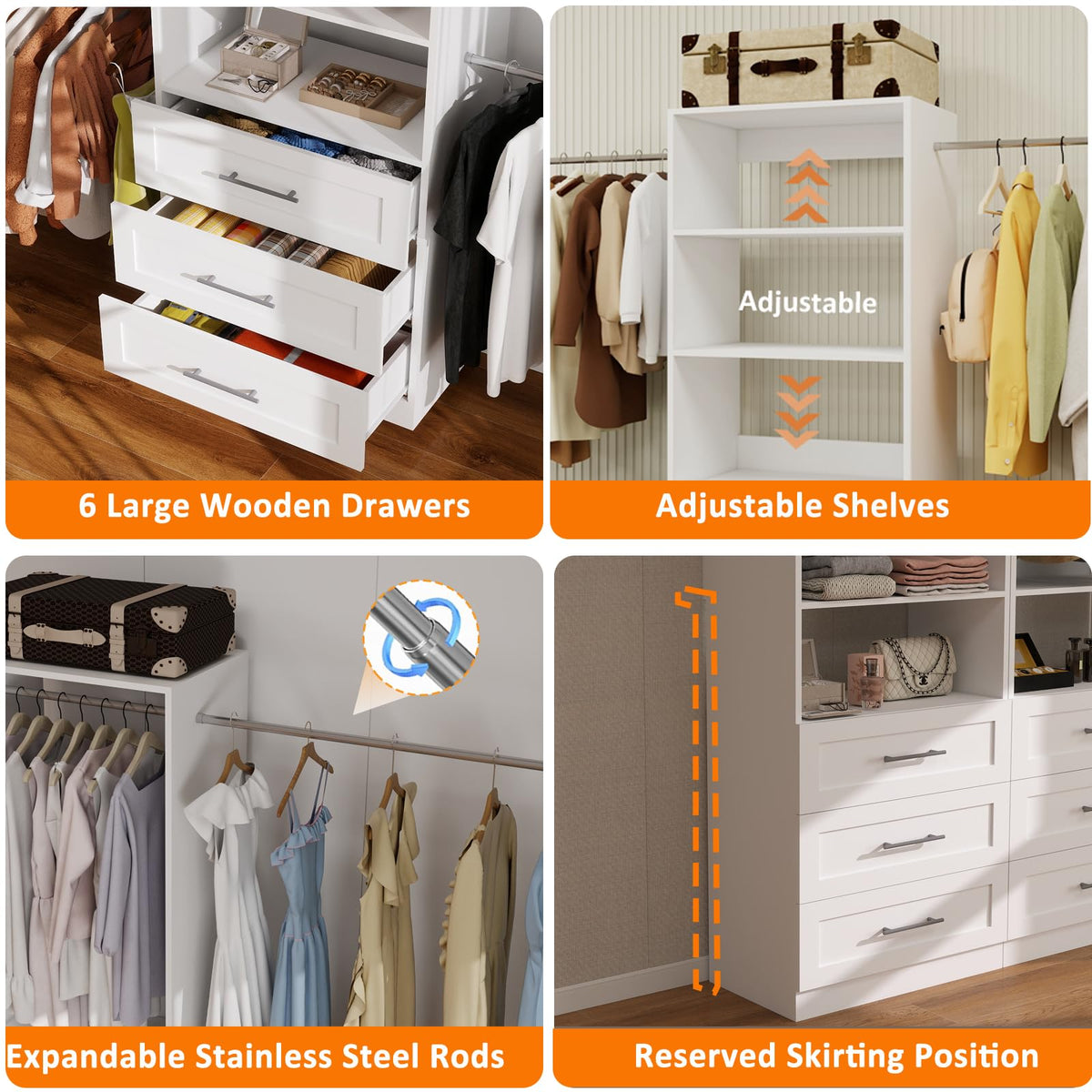 Closet System with 6 Drawers, 8FT-21FT Wooden Organizer System