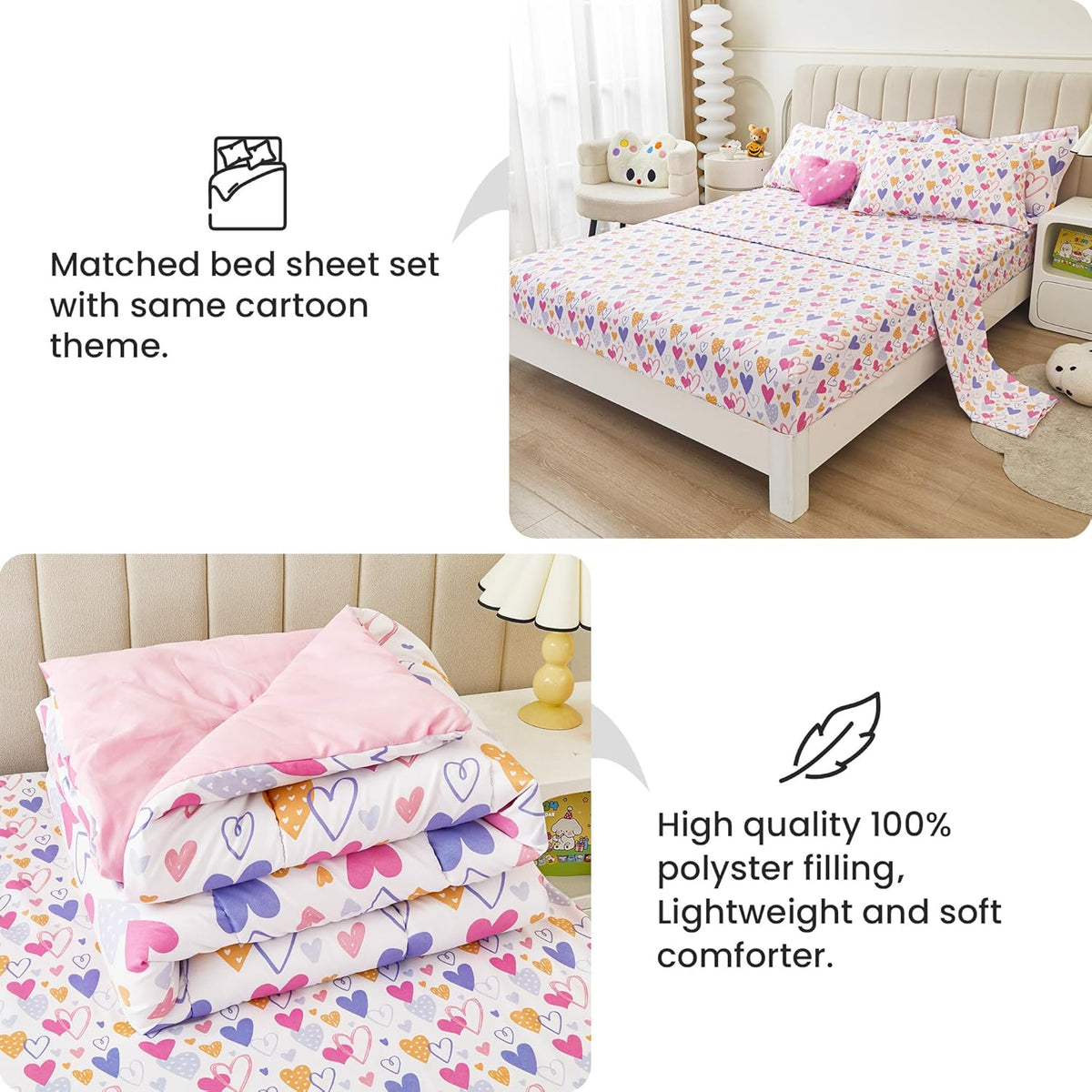Comforter Sets for Girls Kids, 8 Pieces Bed in a Bag Pink Heart Bedding Comforter Sheet Set with Shams and