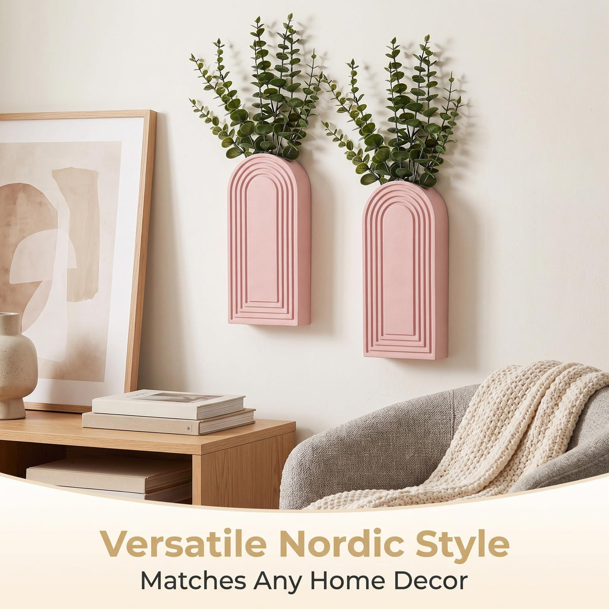 2 Pack Wooden Wall Vase Set - Pink Finish Modern Farmhouse & Boho Wall Decor, Narrow Spaces