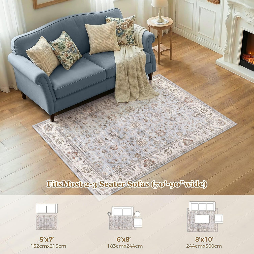 Washable Area Rug Non-Slip Floral Carpet, Gray/Light Blue