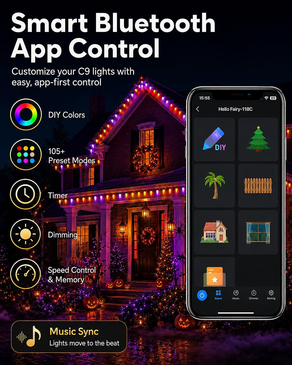 158FT 200 LED Smart C9 Christmas Lights Outdoor, RGB, App Controlled