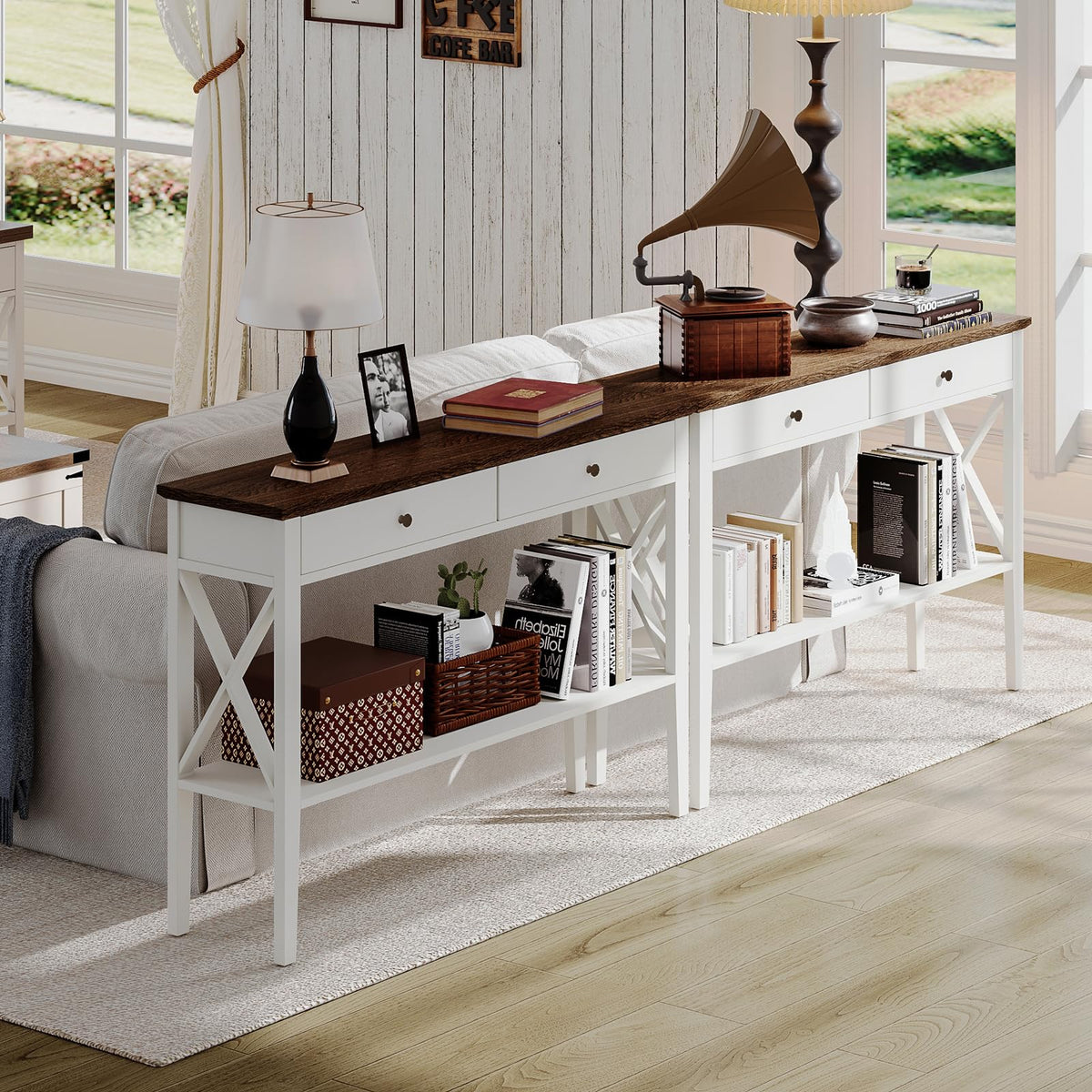 47" Farmhouse Entryway Table with Drawers and Storage Shelf
