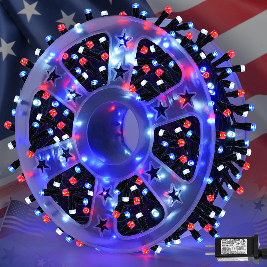 500 LED Red White and Blue String Lights, 165ft 4th of July Decorations Lights Plug in Outdoor Indoor, 8 Modes
