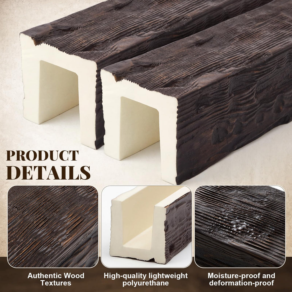 2 Pack 3.5" W x 3.5" H x 48" L Faux Wood Ceiling Beams, Polyurethane U-Beams, Lightweight Rustic Wood Grain Beam