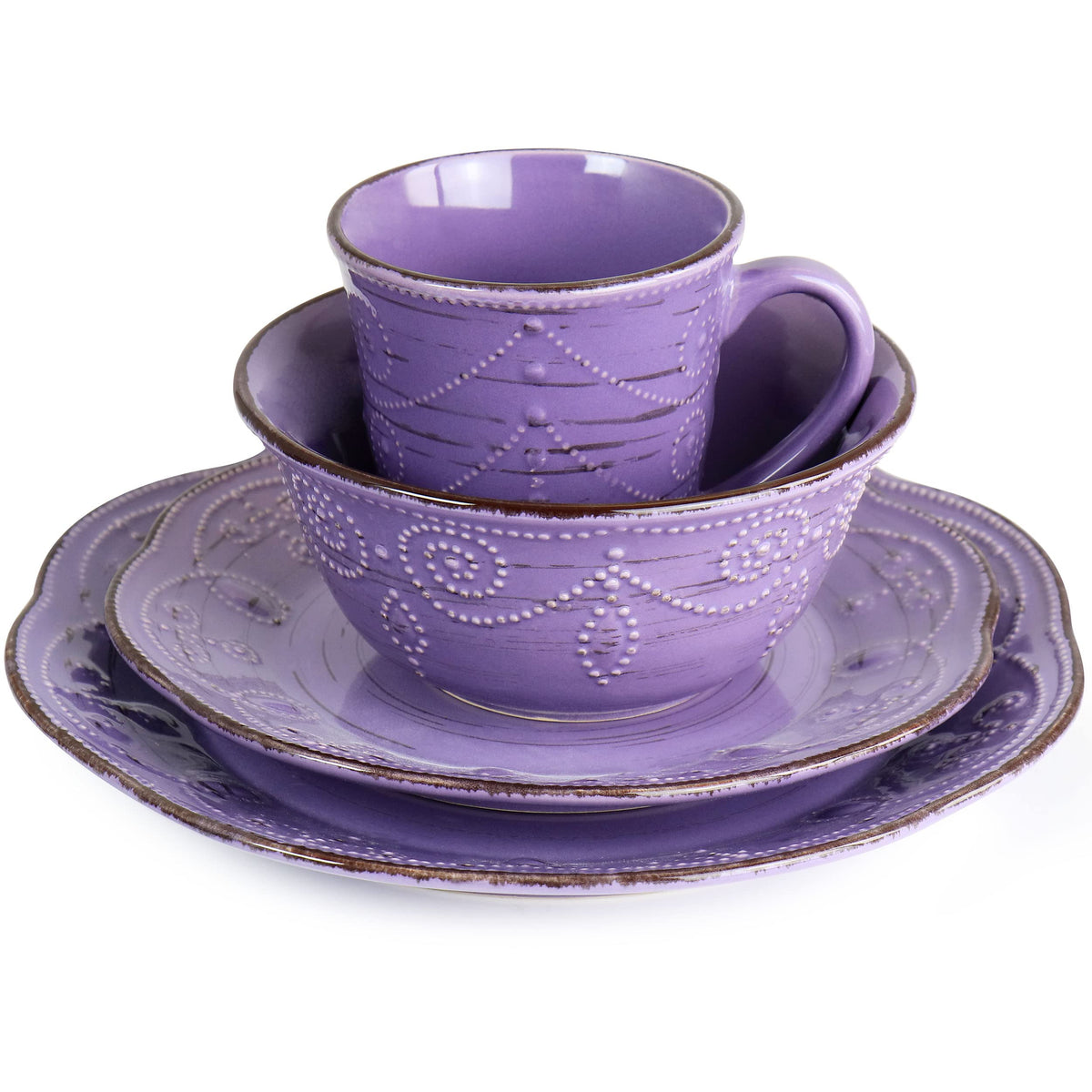 Rustic Birch 16 Piece Stoneware Dinnerware Set in Purple, Purple with Brown Accents, (EL-RUSTICBIRCH)