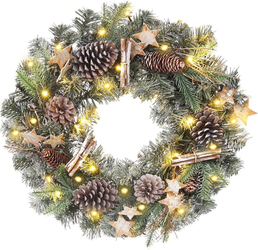 Christmas Wreaths for Front Door 20in Christmas Wreath with Pinecone Wood Stars Artificial Hanging Wreath for Xmas