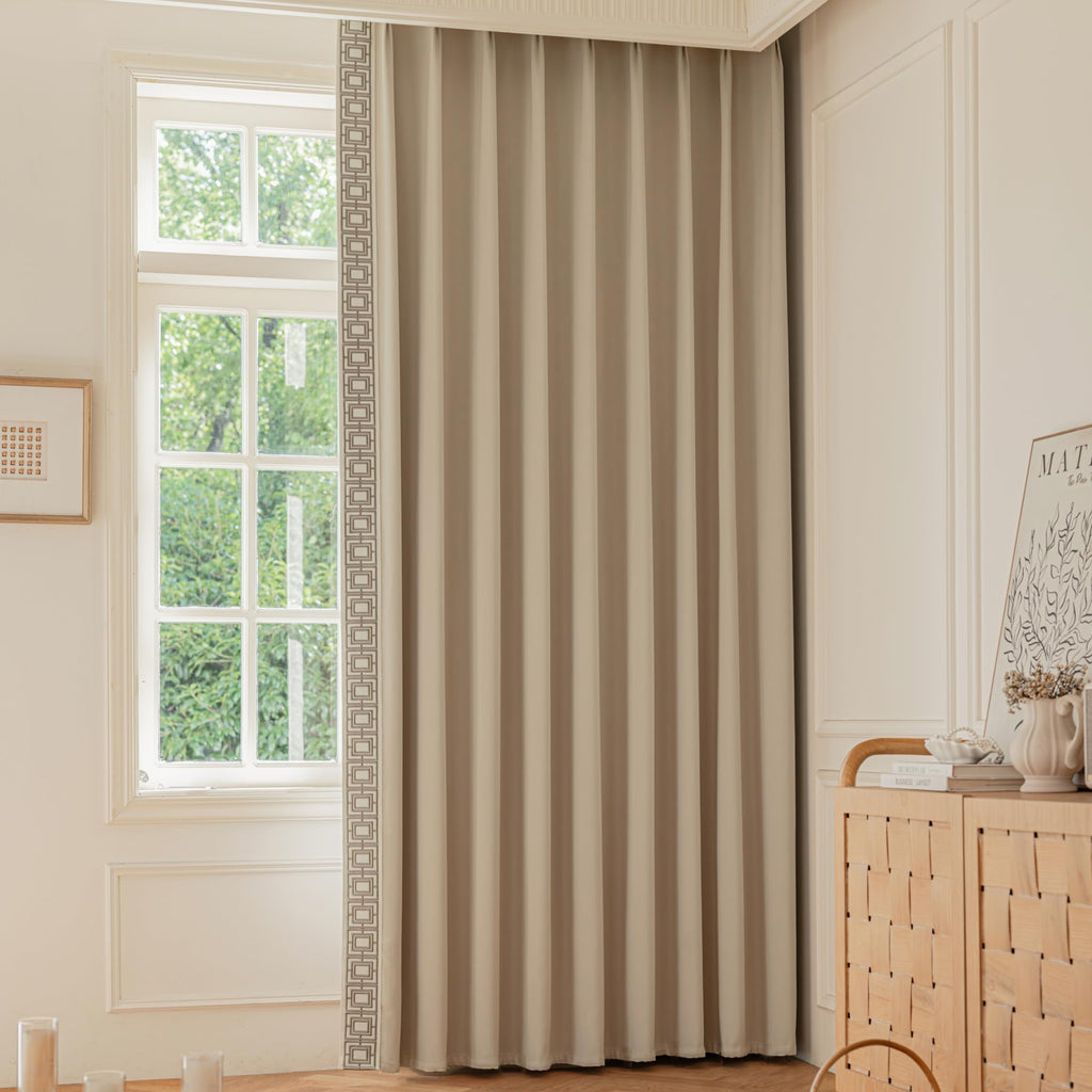 Beige Sand Pinch Pleat Curtain Panels with Decorative Trim, Full Blackout Curtains Bedroom Club Theater (50" W x 84"
