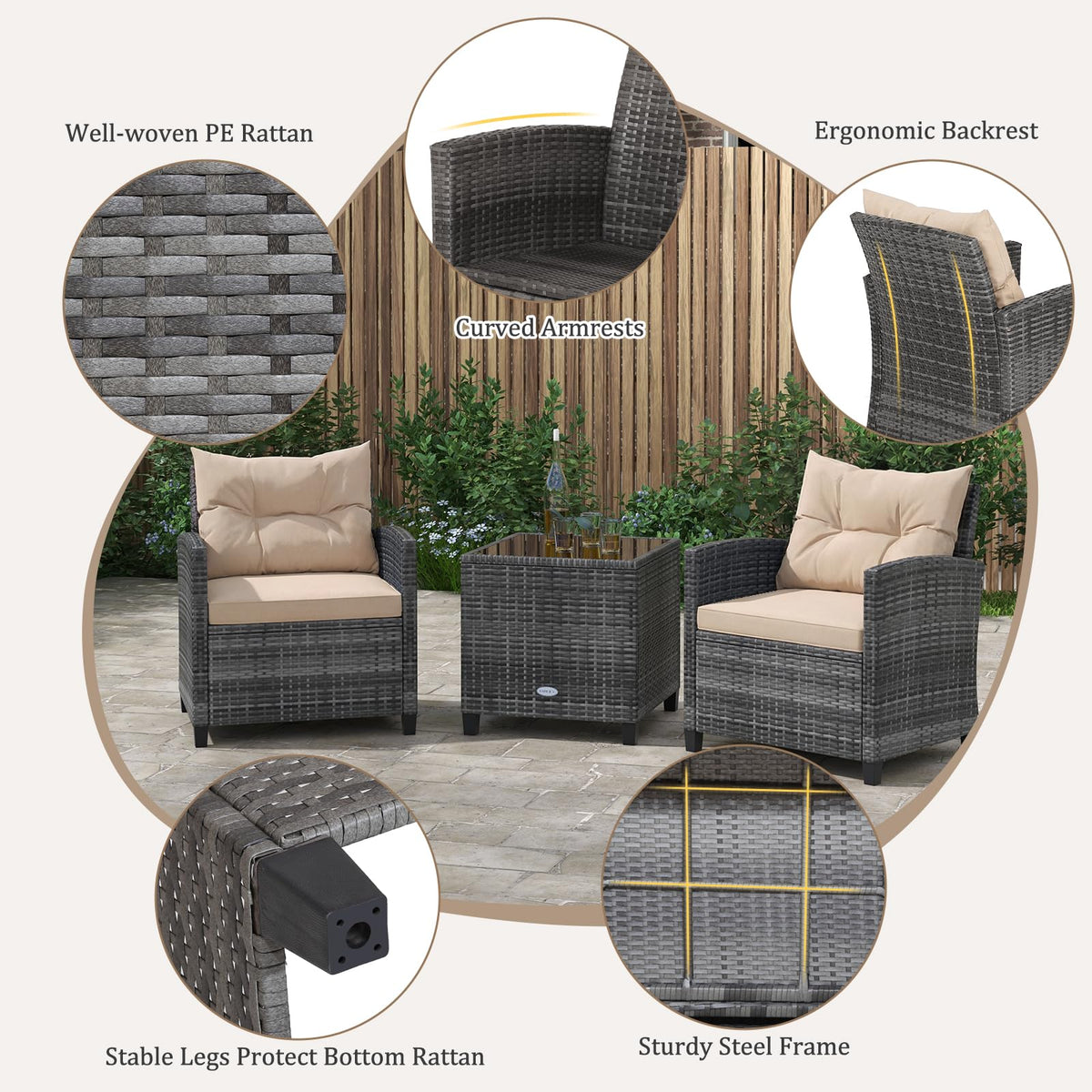 3 Piece Patio Furniture Set, Outdoor PE Rattan Conversation Set with Washable Cushions & Tempered Glass Tabletop