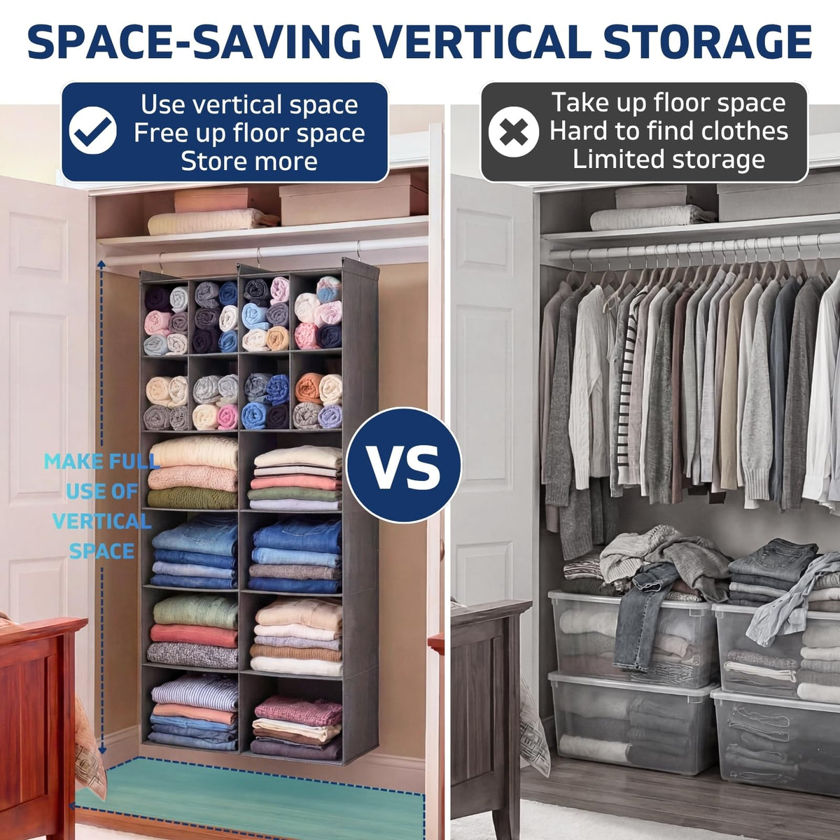 6 Tier Hanging Closet Organizer, 16 Compartments Dual Row Storage, Grey