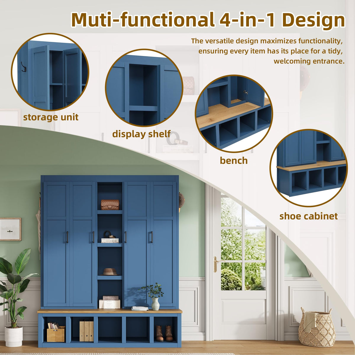 4-in-1 Hall Tree with Bench and Shoe Storage, Multi-Functional Farmhouse Entryway Bench with Coat Rack, Open