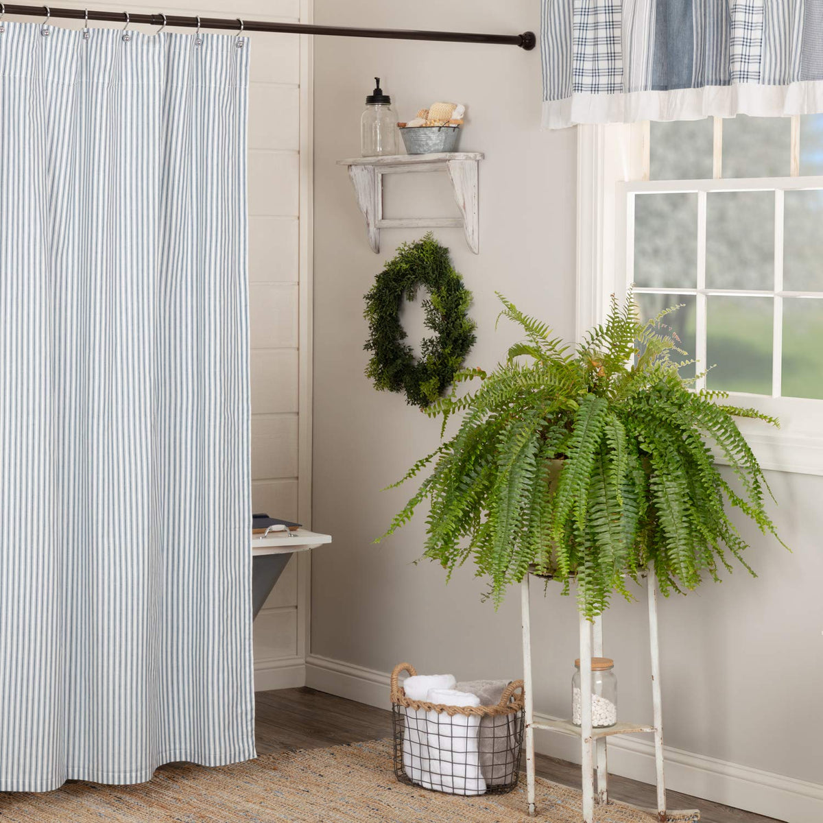 Sawyer Mill Blue Decorative Farmhouse Ticking Stripe Buttonholes 72x72