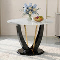 42" Round Dining Table for 4-6, Modern Faux Marble Kitchen Tabletop with Black Wood Pedestal and Gold Metal Frame