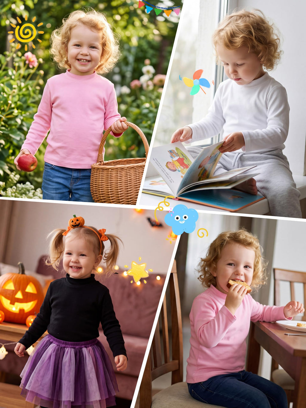 3 Pack Toddler Girl Long Sleeve Mock Turtleneck Cotton Blend T-Shirt