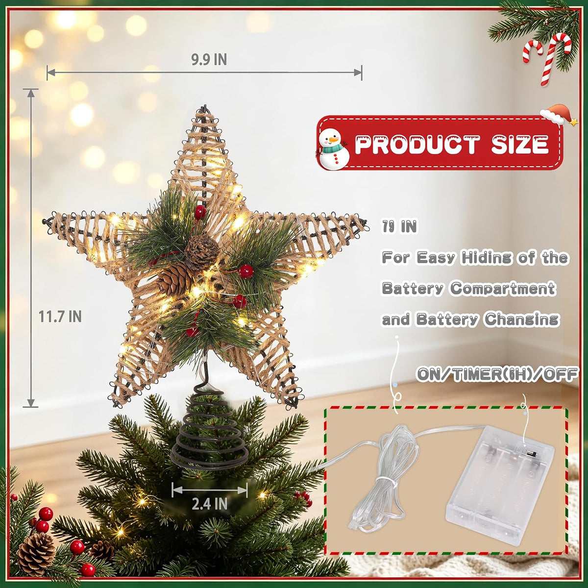 Tree Topper Lighted Star with 6H Timer 79" Cable 20LEDs, Brown