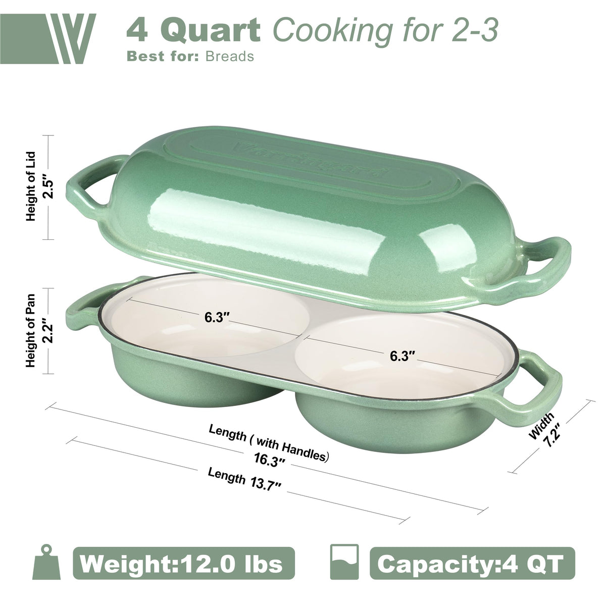 Enameled Cast Iron Double Dutch Oven with Lid, Dual Round Loaf Pan, Bread pan made Sourdough Bread Baking, Sage green