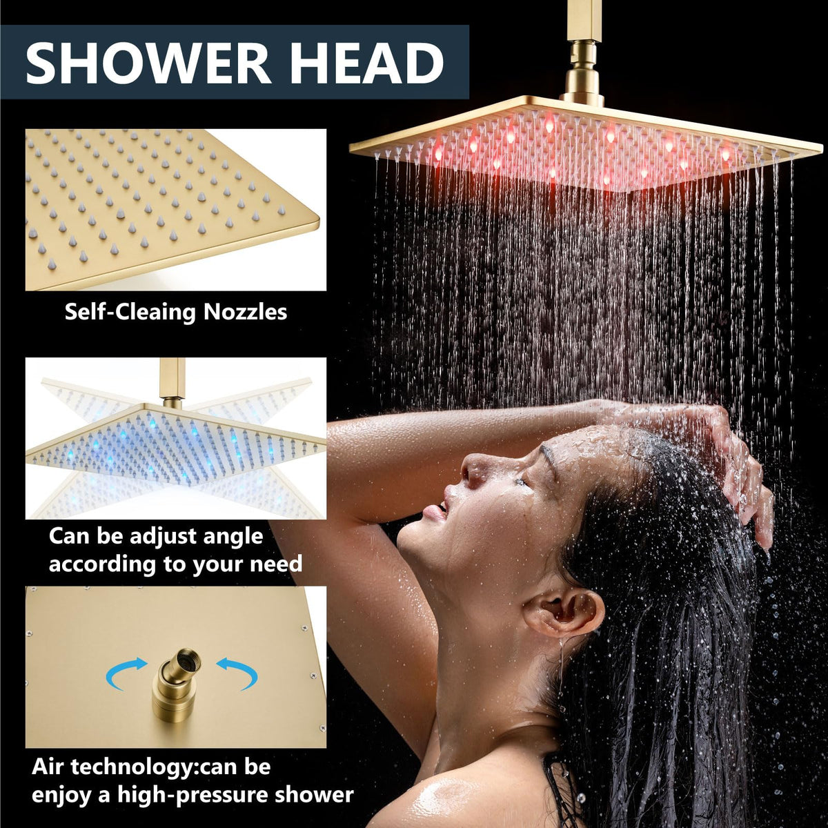 Ceiling Shower Faucet Set with Handheld 12" LED Head Brushed Gold