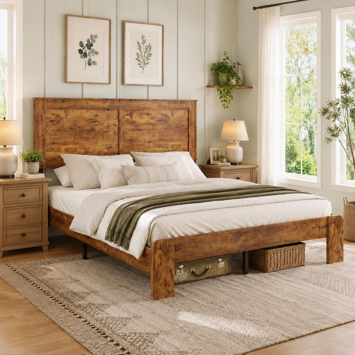 Bed Frame with Headboard, Farmhouse Wooden Bed Frame, Brown