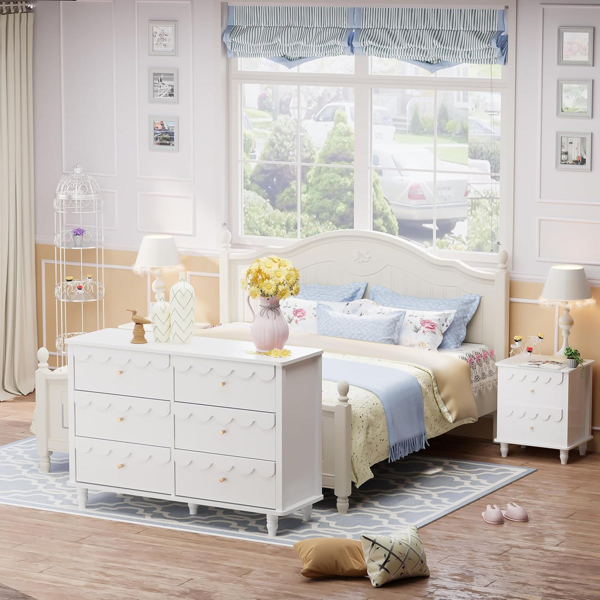 Nursery Chests and Dresser for Kids Bedroom Wood Scalloped 6 Drawer Dresser, Dressers & Chests of Drawers with Metal