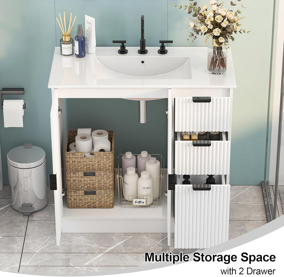 Freestanding Bathroom Vanity with Ceramic Sink, Large Storage Cabinet with Drawers