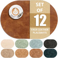 Oval Placemats Set of 12, Wipeable Faux Leather, Turmeric Brown