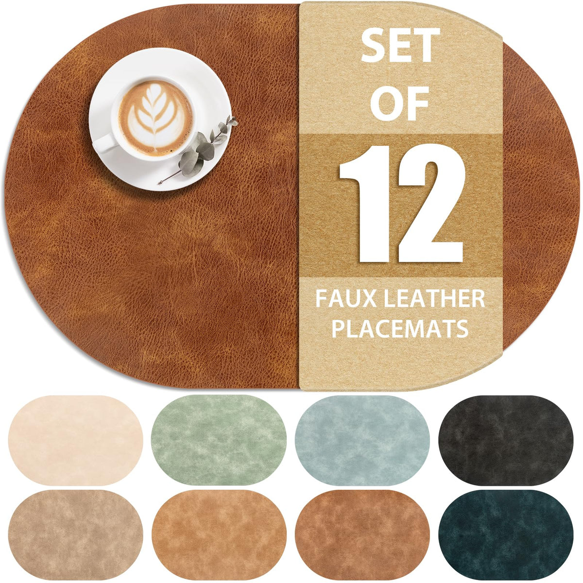 Oval Placemats Set of 12, Wipeable Faux Leather, Turmeric Brown