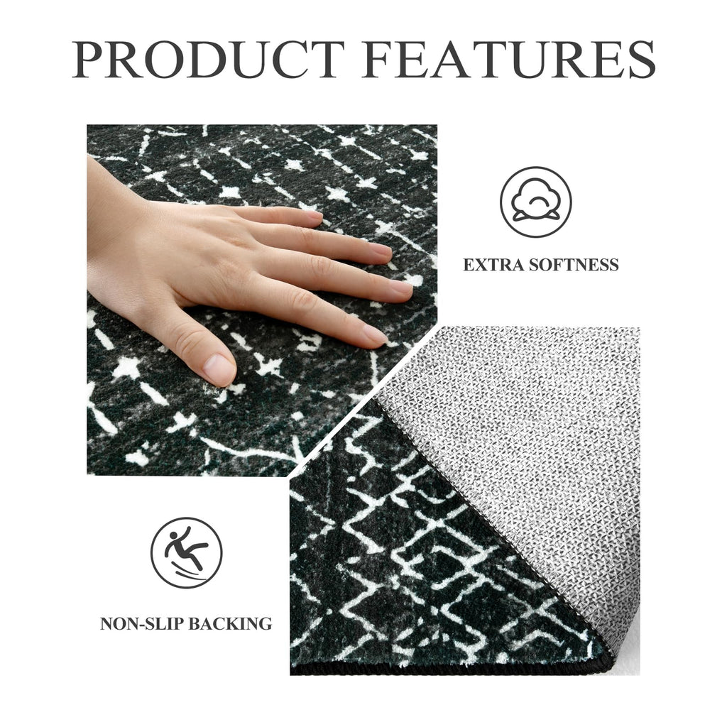 Moroccan Black Long Runner Washable Hallway Rug, Ultra-Thin Non Slip Kitchen Runner, Soft Modern Print Indoor Floor