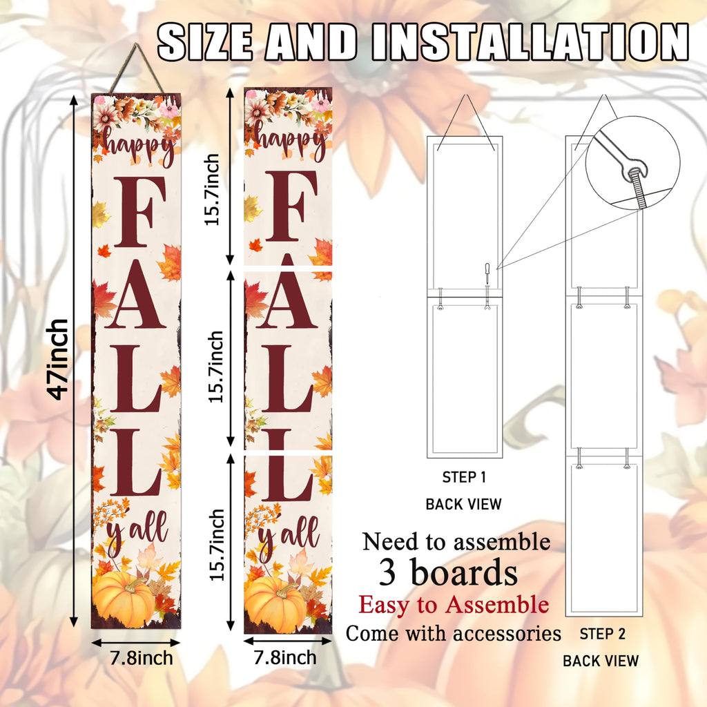 Happy Fall Y'all Porch Sign Retro Maple Leaf Pumpkin Design Front Door Hanging Decorations Indoor Outdoor Large